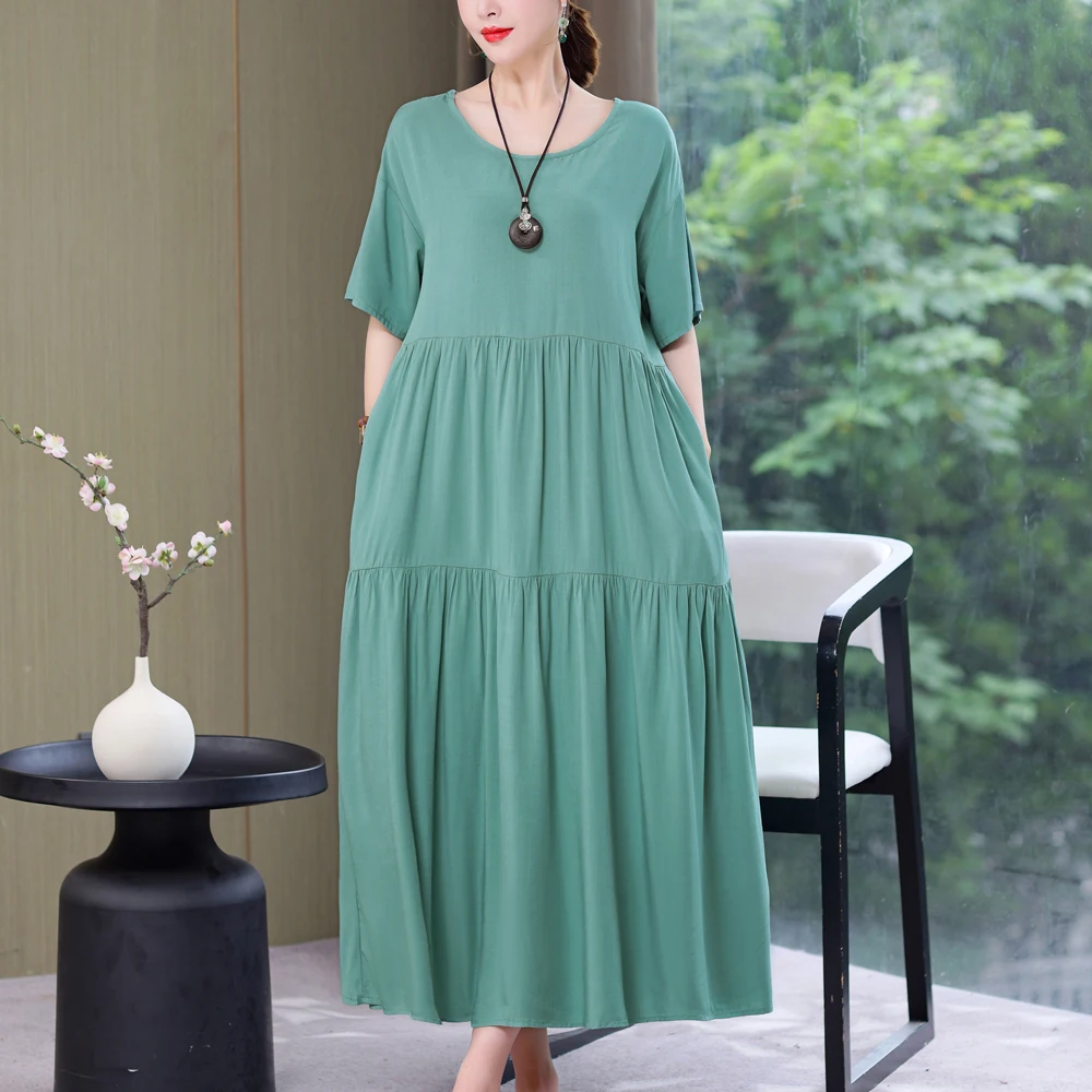 New Fashion 2023 Causal Summer Dresses For Women Loose Solid Long O-neck Dress Vintage Short Sleeve Womens Clothing - Image 3