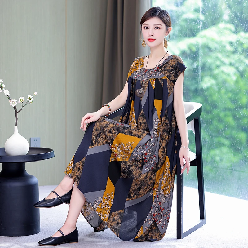 New Hot Fashion Arrival Casual 2025 Summer Dress For Women Print Loose O-Neck Cotton Women Clothing Dresses Plus Size