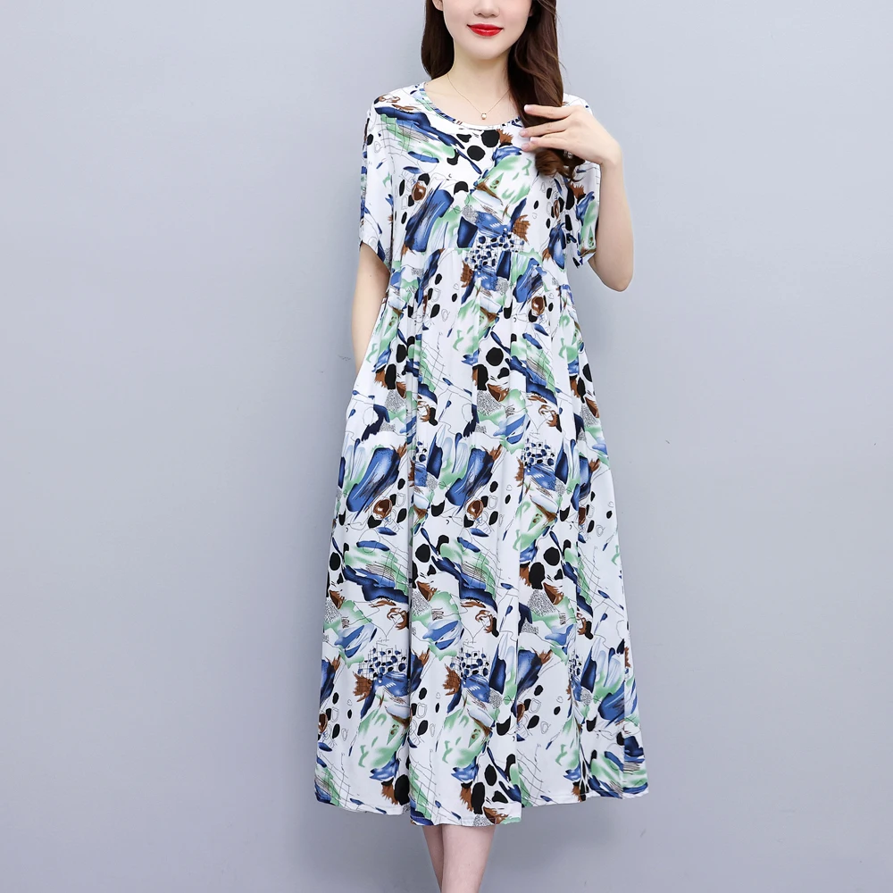 New Fashion Casual Summer Dresses For Women O-Neck Print Vintage Short Sleeve Elegant Floral Clothes Dress Loose Women Clothing - Image 3