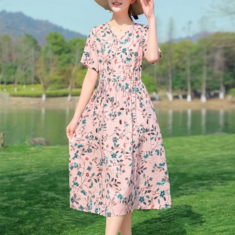 Party Femme Robe 2023 Plus Size Beach style Dresses For Women Casual Summer плать Elegant V-neck cotton and linen dresses - Image 2