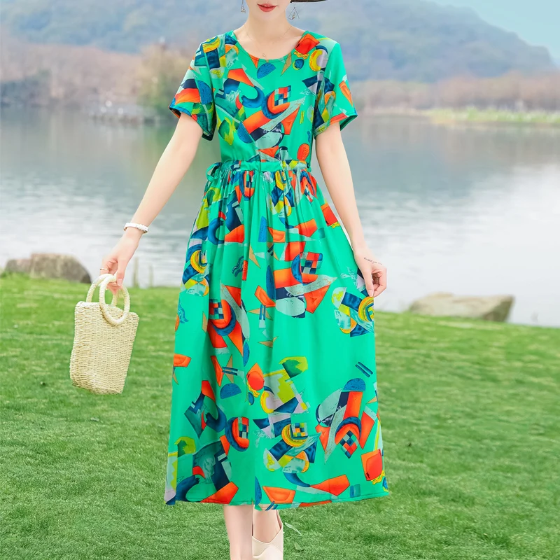 New Casual Fashion Summer Dress For Women Short Sleeve O-Neck Dress Female Plus Size Women Clothing - Image 3