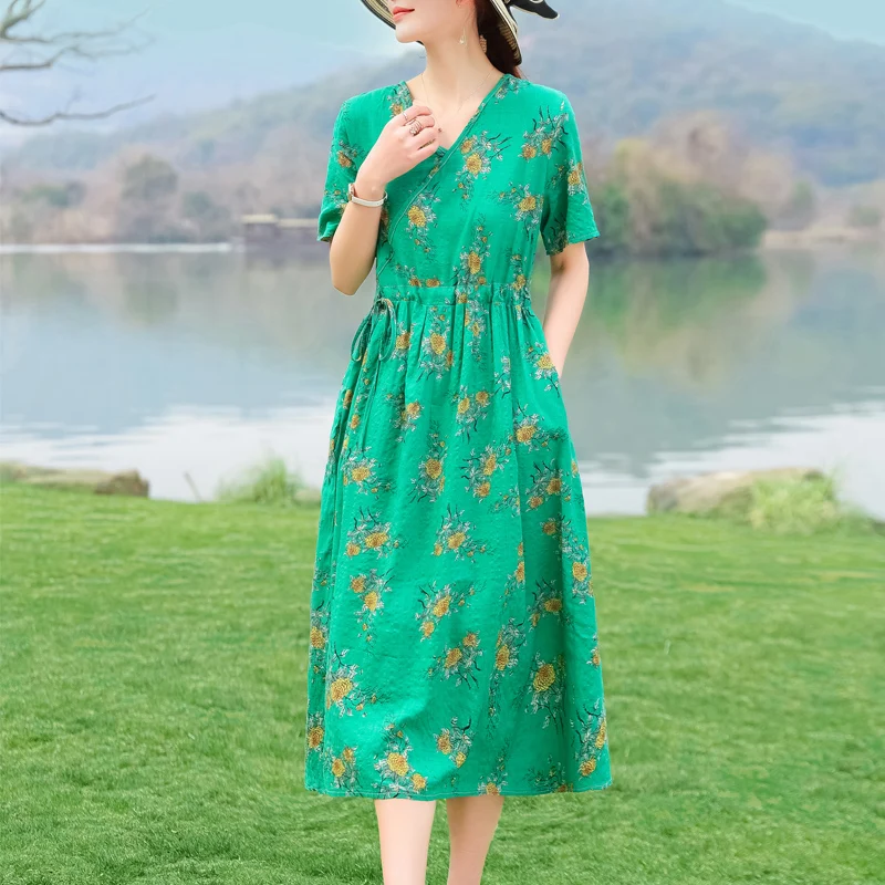 Party Femme Robe 2023 Plus Size Beach style Dresses For Women Casual Summer плать Elegant V-neck cotton and linen dresses - Image 4