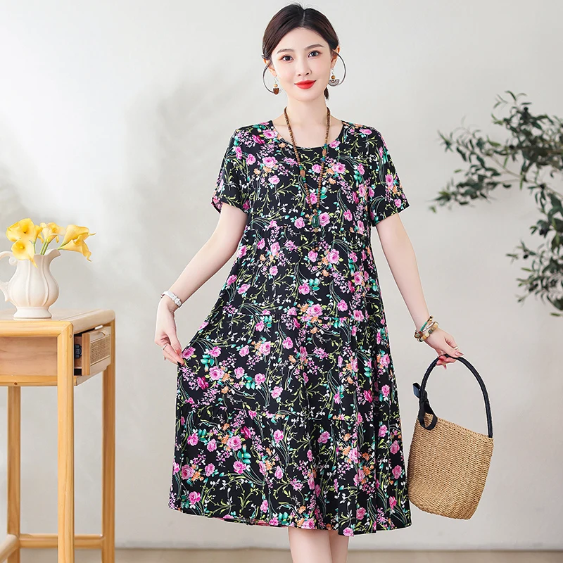 Women Dresses Summer 2025 O-Neck Floral Print Boho Beach Dress Short Sleeve A Line Dress Wrap Sundress Robe - Image 5