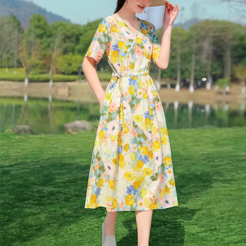 Party Femme Robe 2023 Plus Size Beach style Dresses For Women Casual Summer плать Elegant V-neck cotton and linen dresses - Image 3