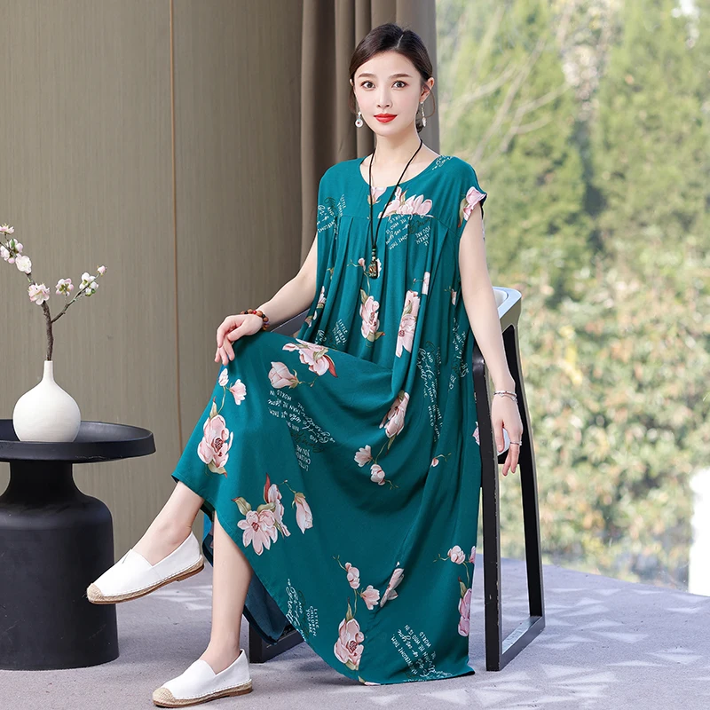 New Hot Fashion Arrival Casual 2025 Summer Dress For Women Print Loose O-Neck Cotton Women Clothing Dresses Plus Size - Image 2