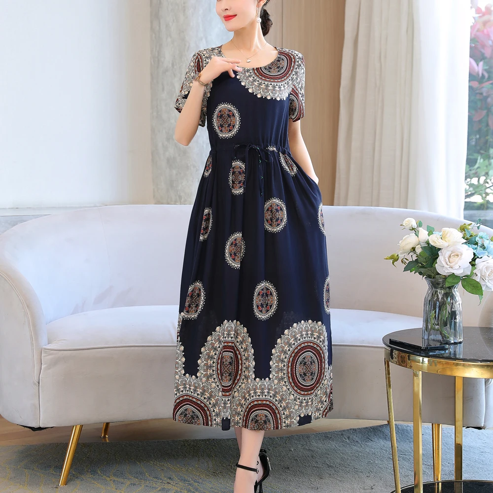 New Hot Casual Fashion Summer Dresses For Women 2023 Vintage Elegant Short Sleeve Printing Women Dress O-Neck Women Clothing - Image 3