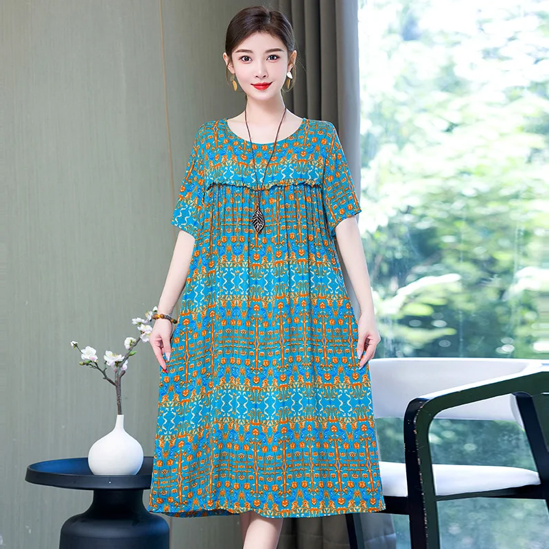 2023 Women Dresses Summer O-Neck Floral Print Boho Beach Dress Short Sleeve A Line Dress Wrap Sundress Robe - Image 6