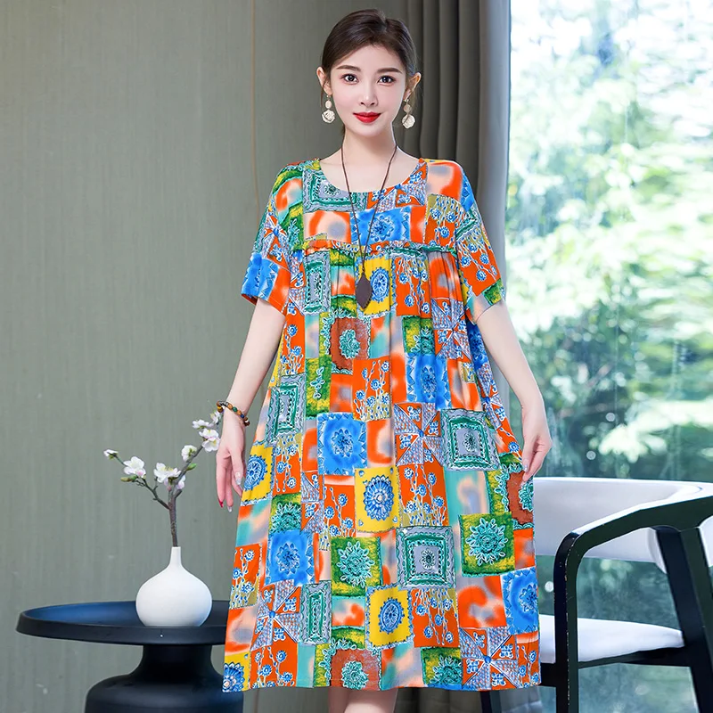 2023 Women Dresses Summer O-Neck Floral Print Boho Beach Dress Short Sleeve A Line Dress Wrap Sundress Robe - Image 4