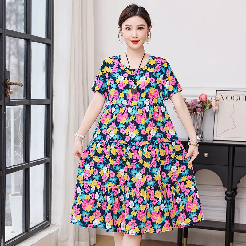 Women Dresses Summer 2025 O-Neck Floral Print Boho Beach Dress Short Sleeve A Line Dress Wrap Sundress Robe - Image 3