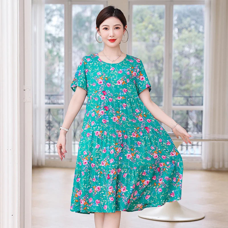 Women Dresses Summer 2025 O-Neck Floral Print Boho Beach Dress Short Sleeve A Line Dress Wrap Sundress Robe - Image 6
