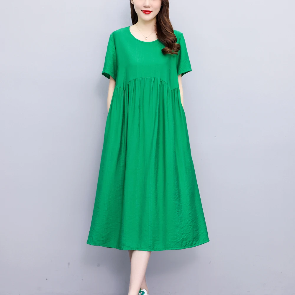 New Casual Fashion Summer Dresses For Women 2025 Vintage Elegant Short Sleeve Solid Women Dress O-Neck Dresses - Image 4