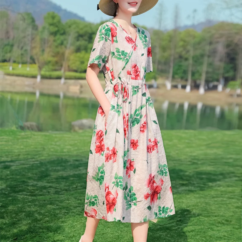Party Femme Robe 2023 Plus Size Beach style Dresses For Women Casual Summer плать Elegant V-neck cotton and linen dresses