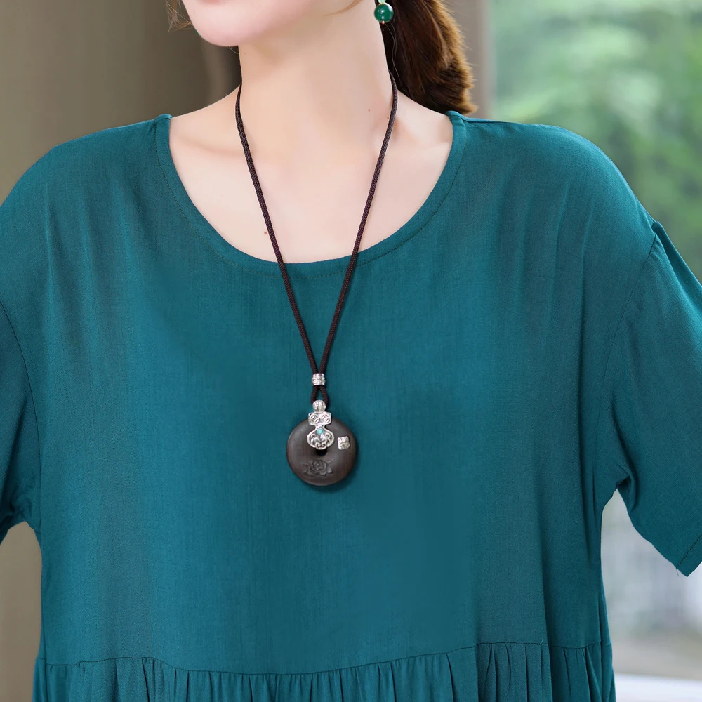 New Fashion 2023 Causal Summer Dresses For Women Loose Solid Long O-neck Dress Vintage Short Sleeve Womens Clothing - Image 6