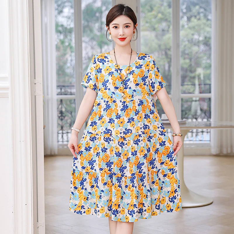 Women Dresses Summer 2025 O-Neck Floral Print Boho Beach Dress Short Sleeve A Line Dress Wrap Sundress Robe - Image 2