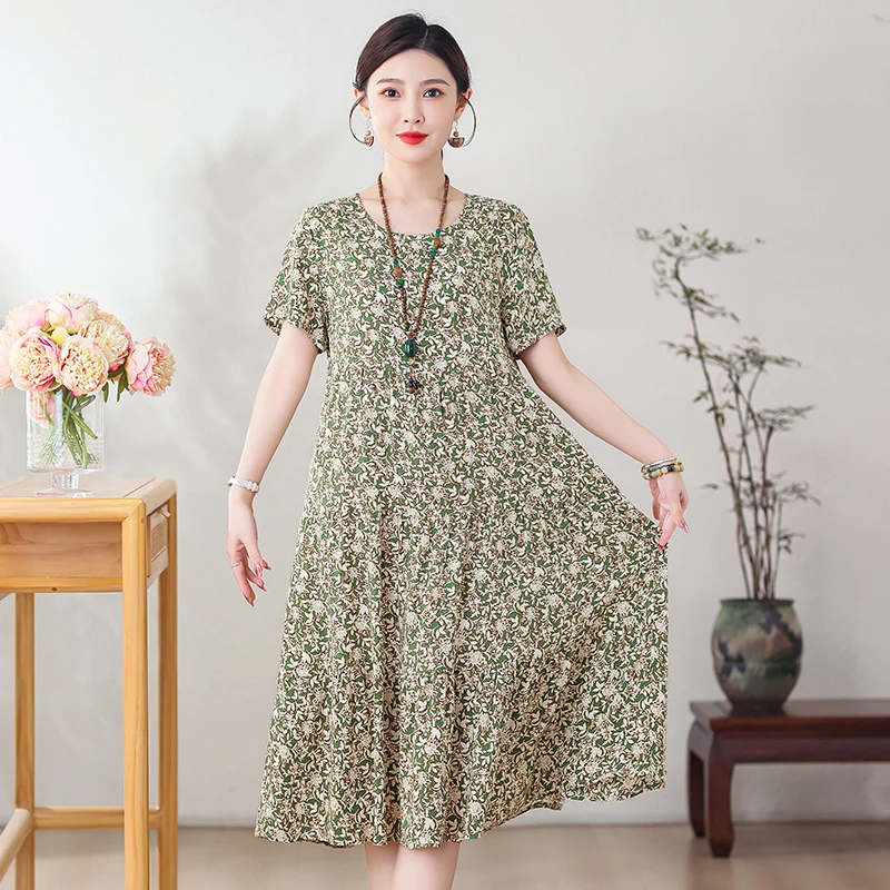 Women Dresses Summer 2025 O-Neck Floral Print Boho Beach Dress Short Sleeve A Line Dress Wrap Sundress Robe - Image 4