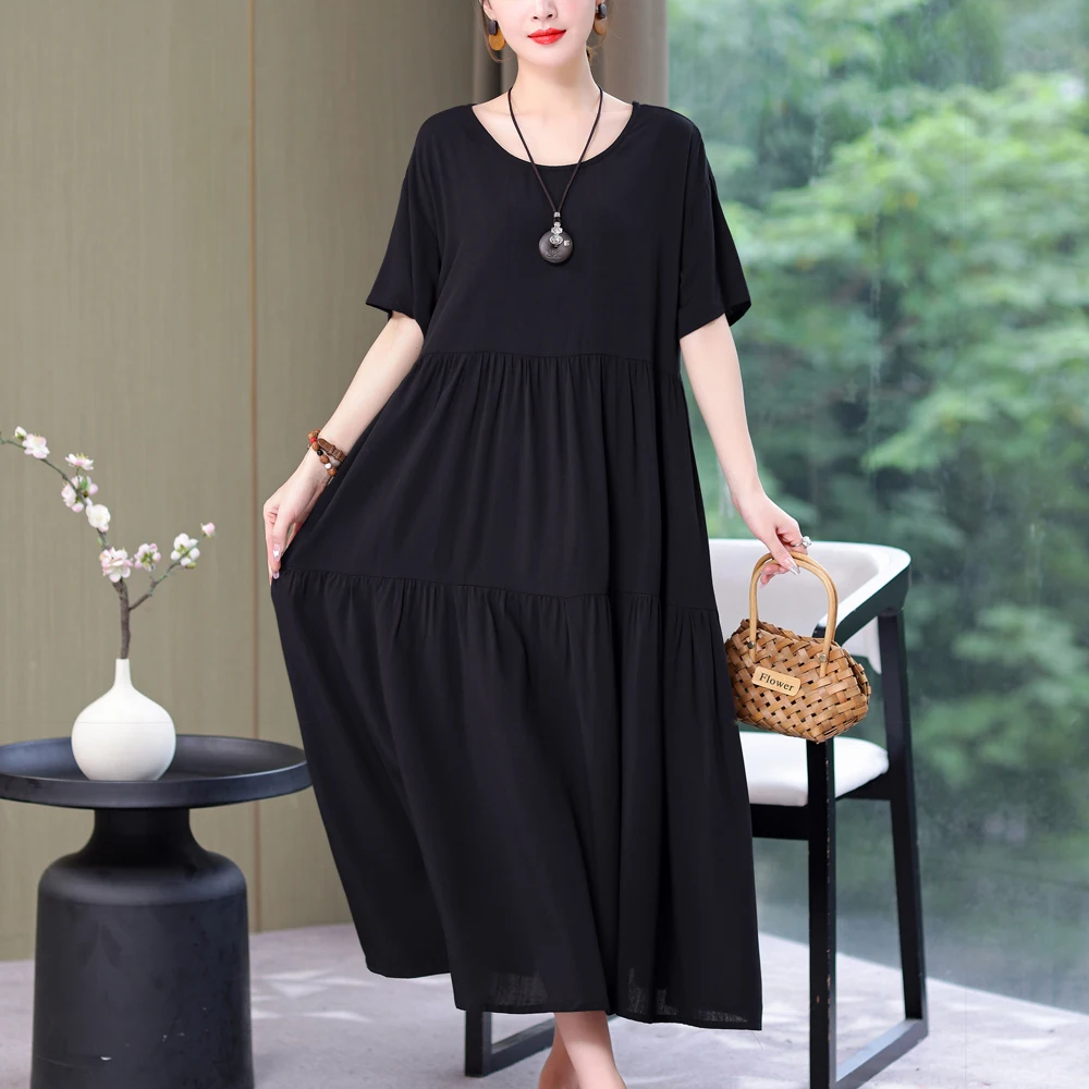 New Fashion 2023 Causal Summer Dresses For Women Loose Solid Long O-neck Dress Vintage Short Sleeve Womens Clothing - Image 2