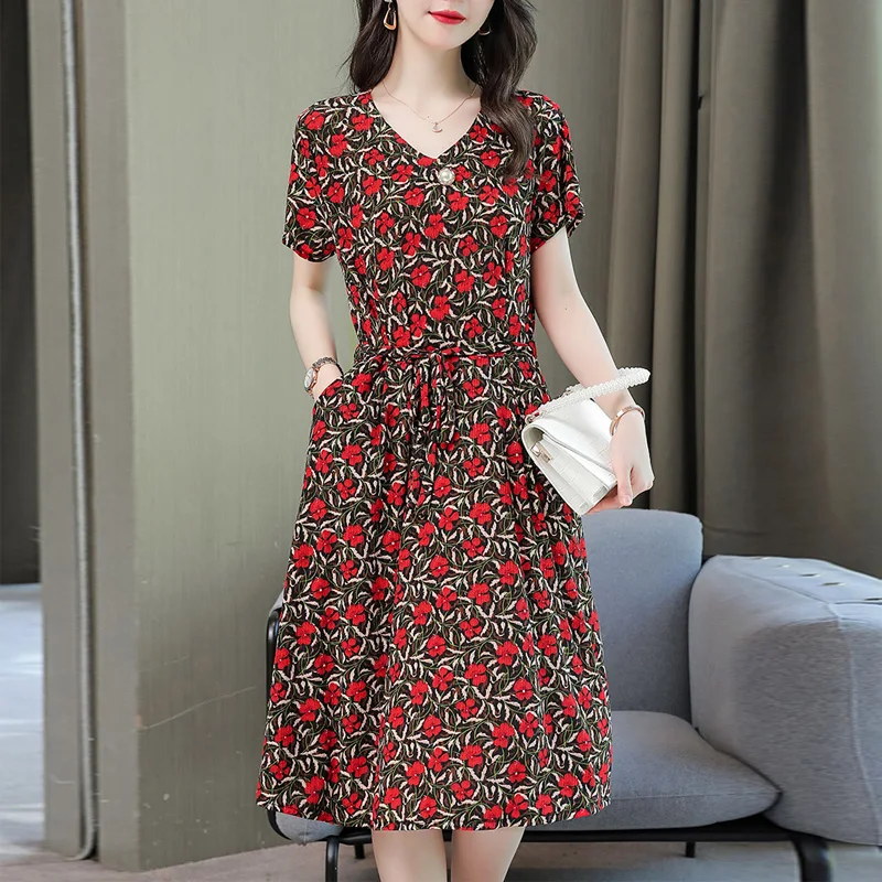 New Fashion Causal Summer Dresses For Women 2024 Vintage Short Sleeve V-Neck Floral Women Print Dress Women Clothing - Image 2