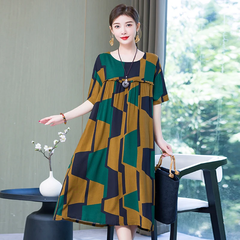 2023 Women Dresses Summer O-Neck Floral Print Boho Beach Dress Short Sleeve A Line Dress Wrap Sundress Robe - Image 3