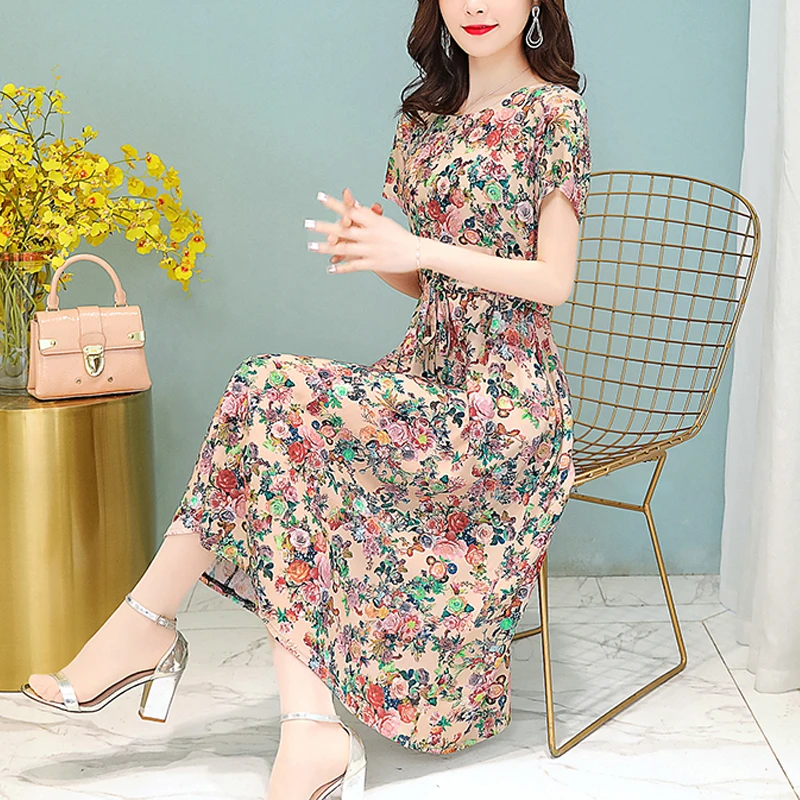 New Fashion Casual 2025 Summer Vintage Dresses O-Neck Print Floral Elegant Party Dress For Women Slim Plus Size Women Clothing - Image 3