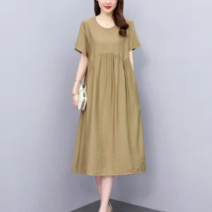 New Casual Fashion Summer Dresses For Women 2025 Vintage Elegant Short Sleeve Solid Women Dress O-Neck Dresses