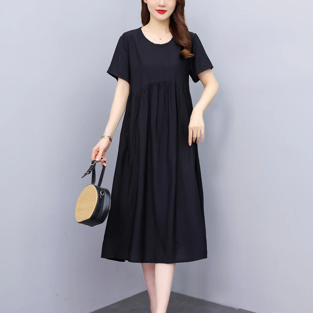 New Casual Fashion Summer Dresses For Women 2025 Vintage Elegant Short Sleeve Solid Women Dress O-Neck Dresses - Image 3
