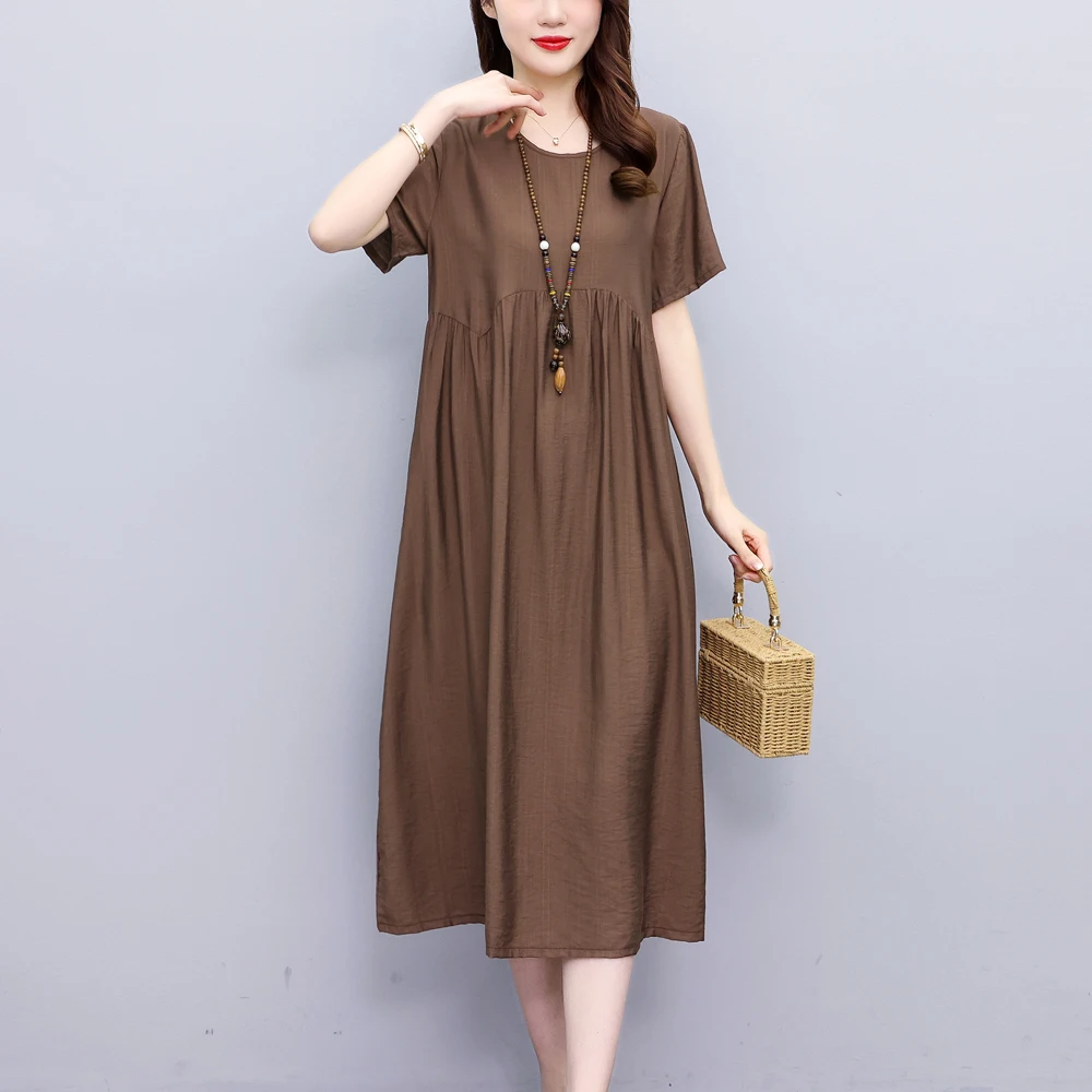 New Casual Fashion Summer Dresses For Women 2025 Vintage Elegant Short Sleeve Solid Women Dress O-Neck Dresses - Image 2