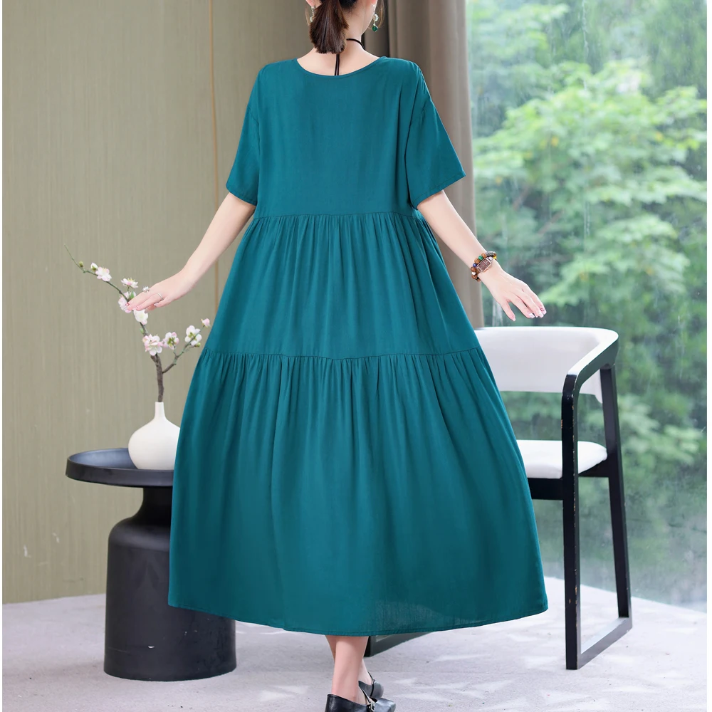 New Fashion 2023 Causal Summer Dresses For Women Loose Solid Long O-neck Dress Vintage Short Sleeve Womens Clothing - Image 4