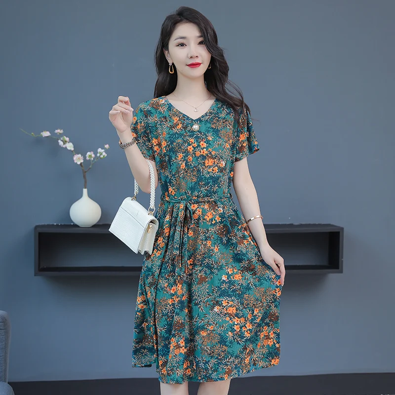 New Fashion Causal Summer Dresses For Women 2024 Vintage Short Sleeve V-Neck Floral Women Print Dress Women Clothing - Image 3